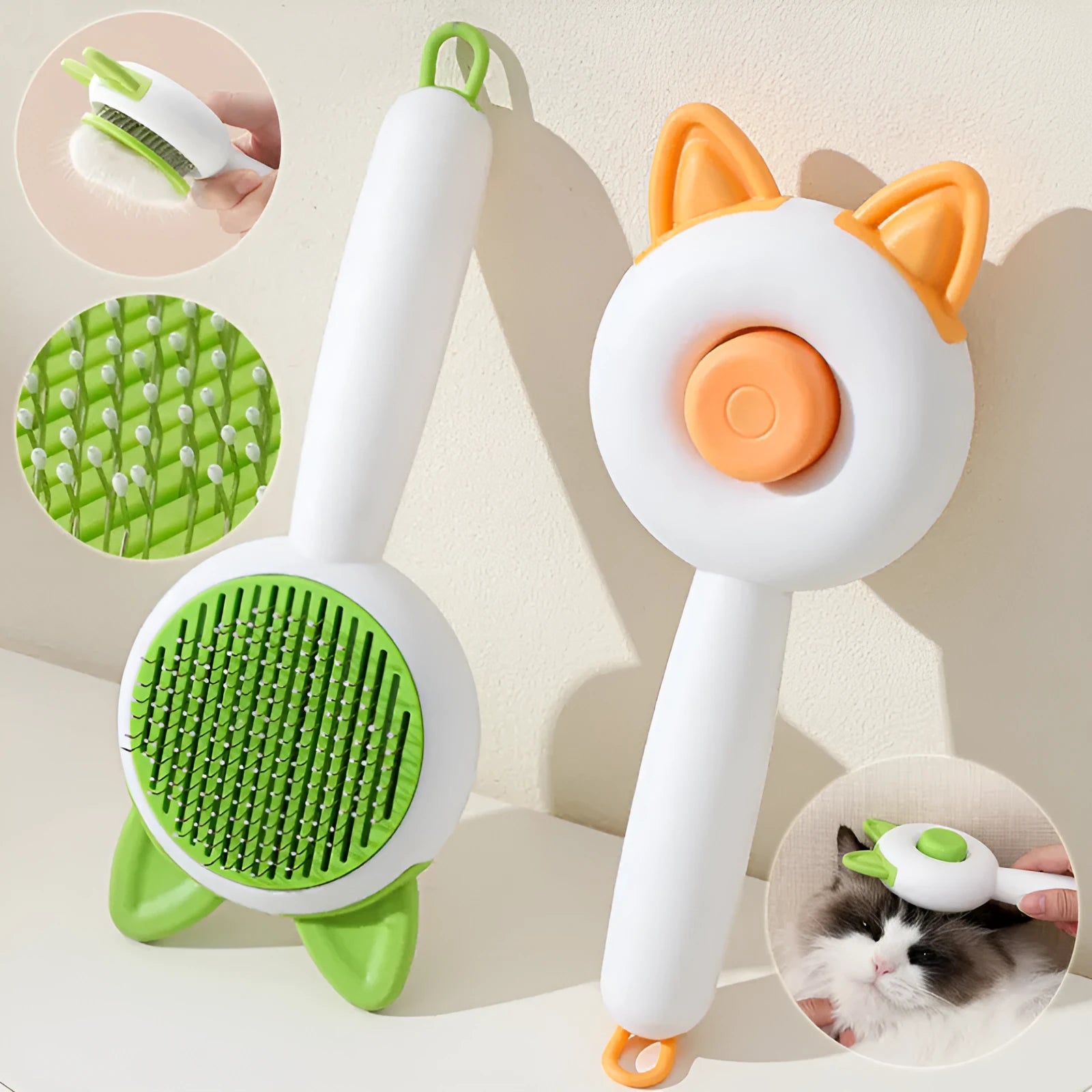Self-cleaning cat grooming brush with stainless steel teeth in greenish white or orange white colour