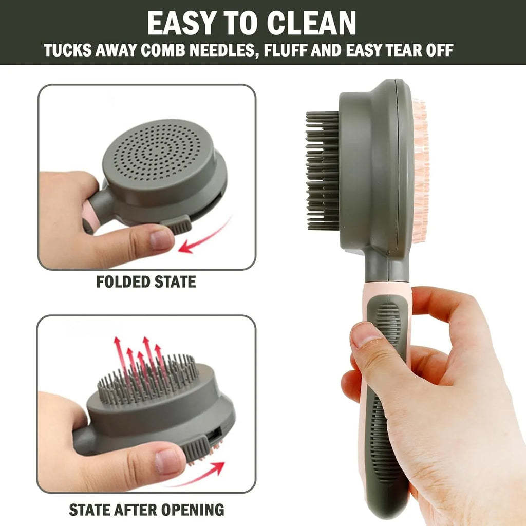 Pink and green double-sided cat brush with release button next to a flea comb.