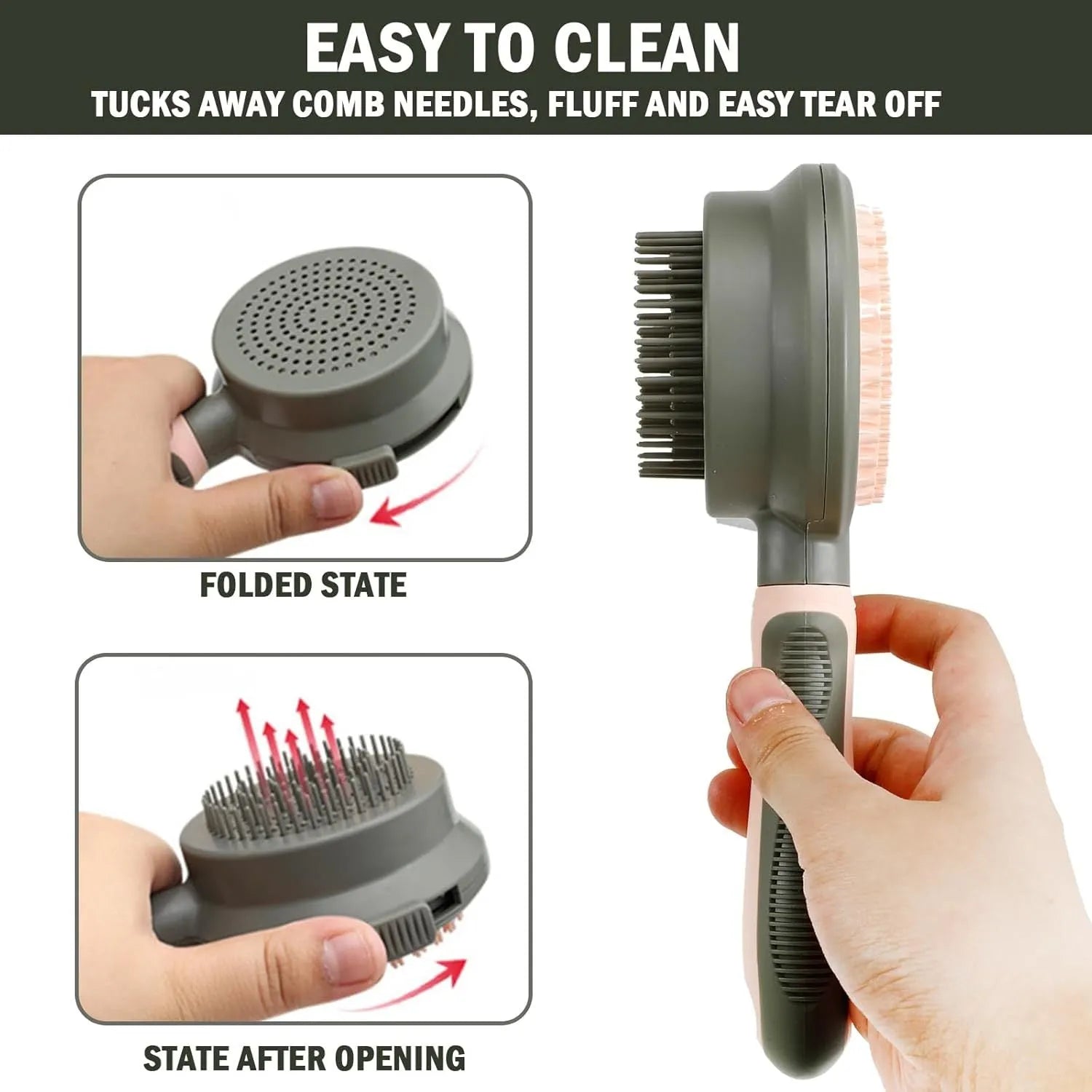 Pink and green double-sided cat brush with release button next to a flea comb.