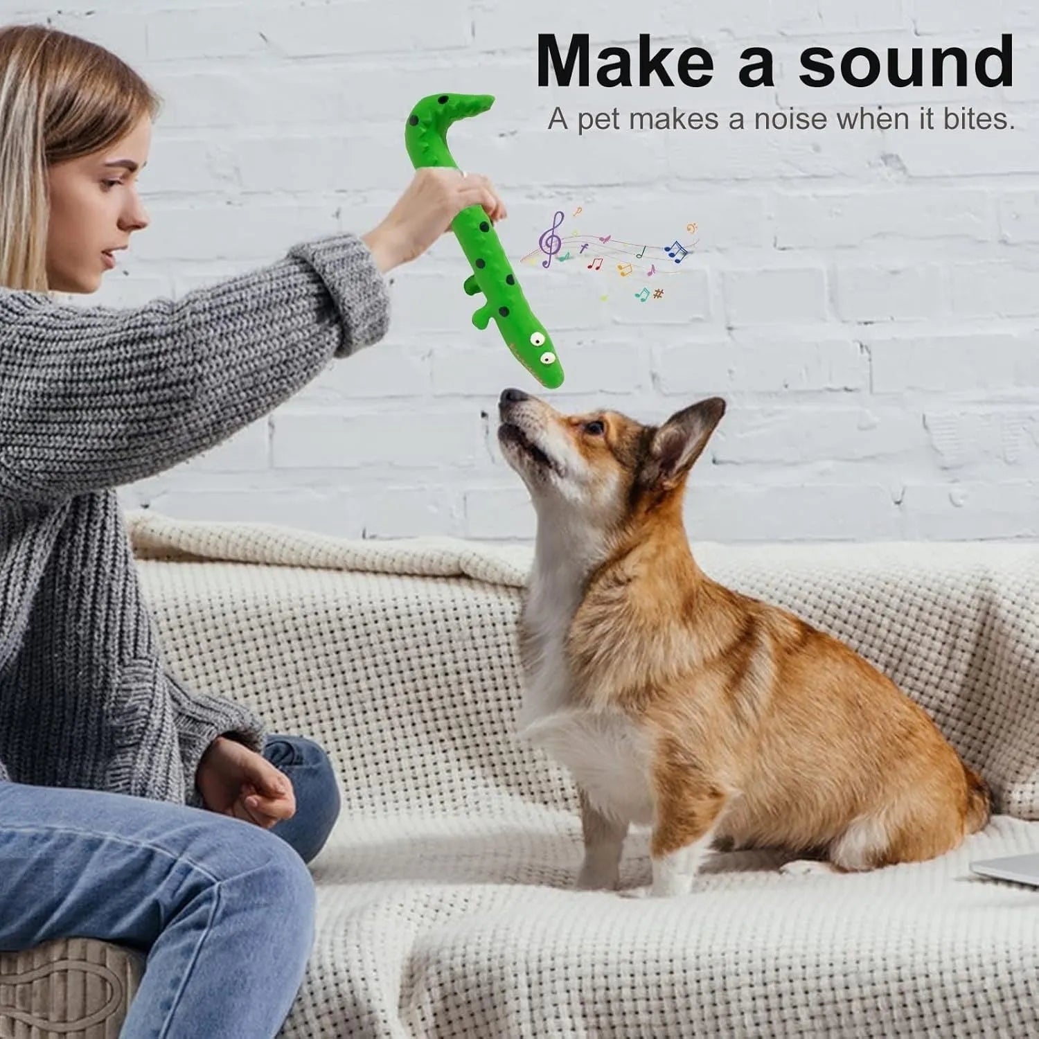 Green lizard-shaped dog chew toy with squeaker for aggressive chewers