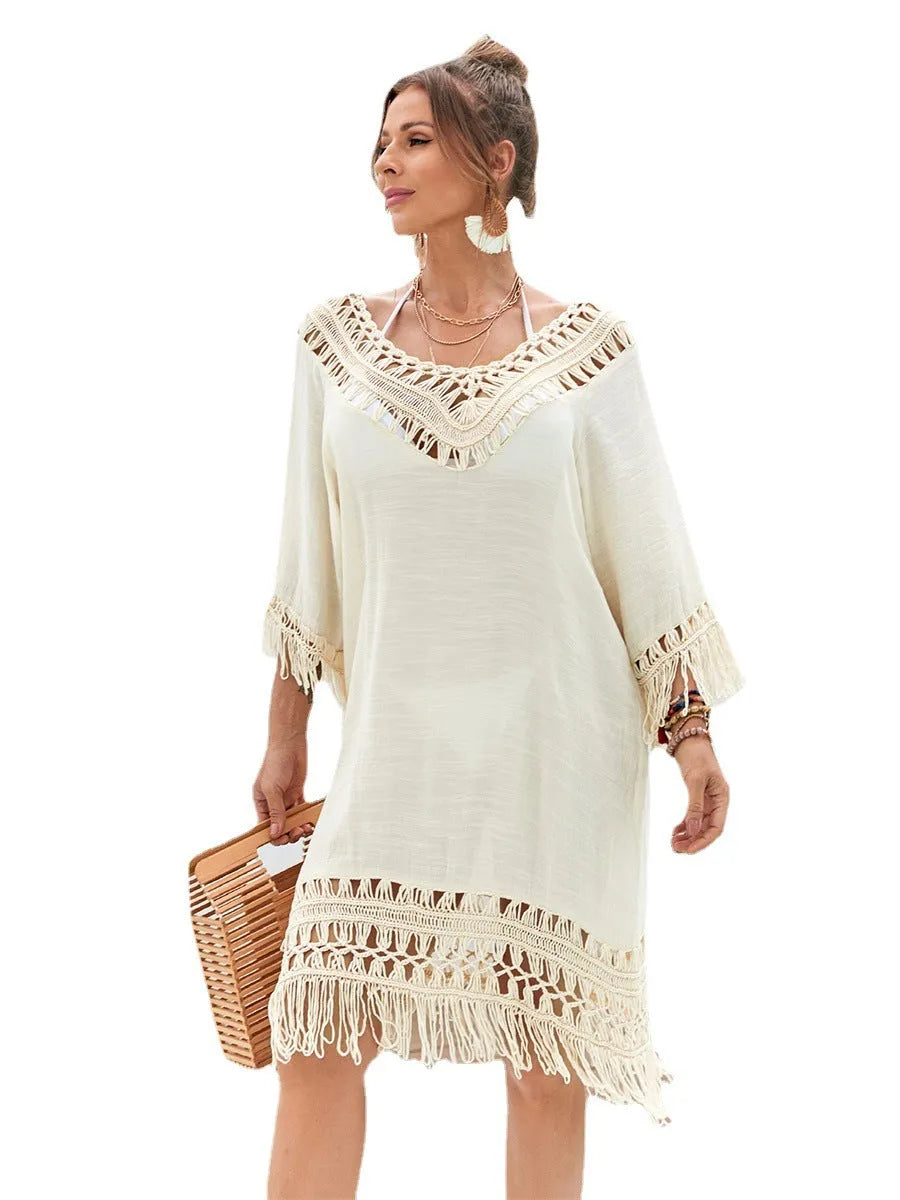 Apricot hand-crocheted women's beach dress for swimming and wading sports