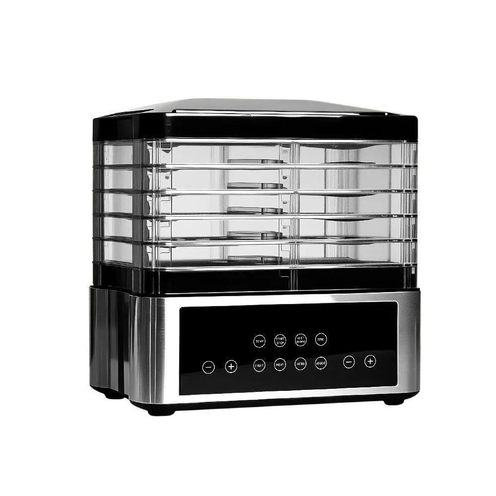 Silver stainless steel household food dehydrator with control panel and trays