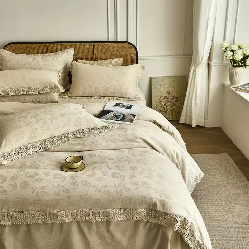 Cotton linen jacquard four-piece bed sheet set with solid colour, lace trim and 48x74 cm pillowcase