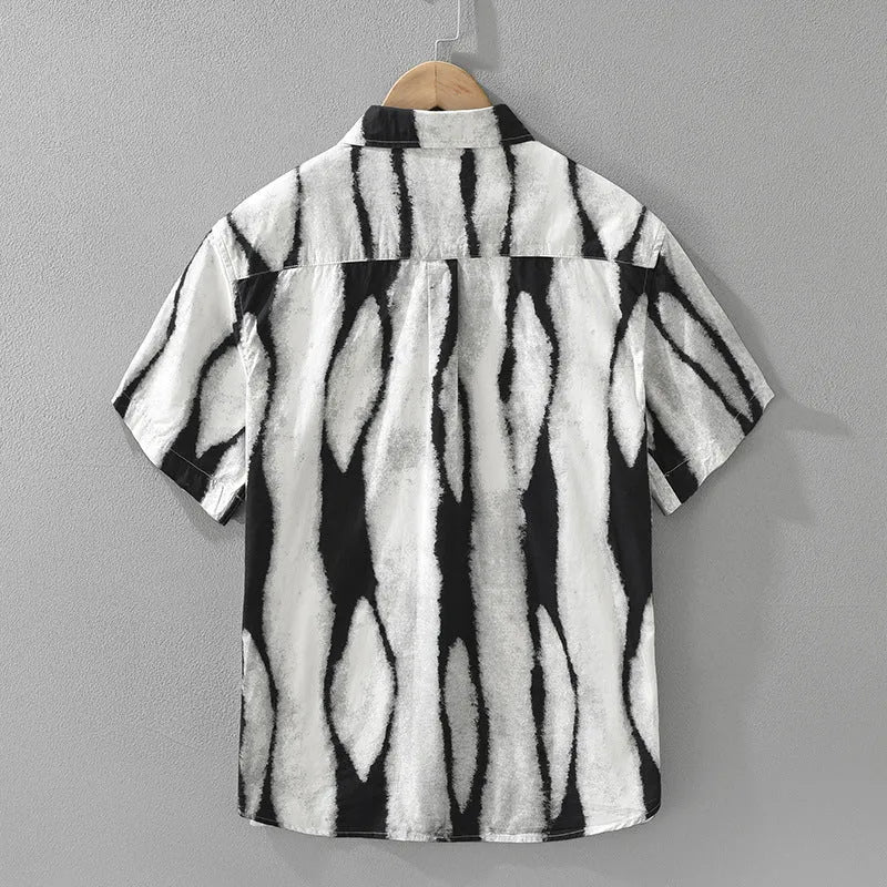Retro striped short sleeve cardigan shirt in pure cotton fabric available in black or brown colours