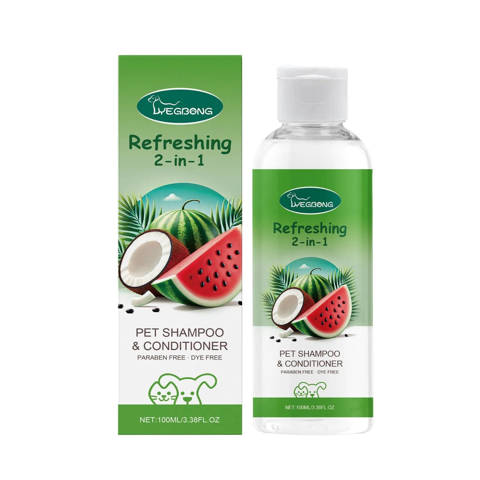 100ml bottle of pet 2-in-1 shampoo and fragrance shower gel with watermelon and coconut extracts.
