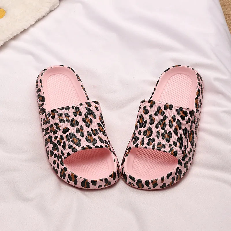 Women's leopard print EVA slippers with thick sole in black, pink, white zebra and khaki colours