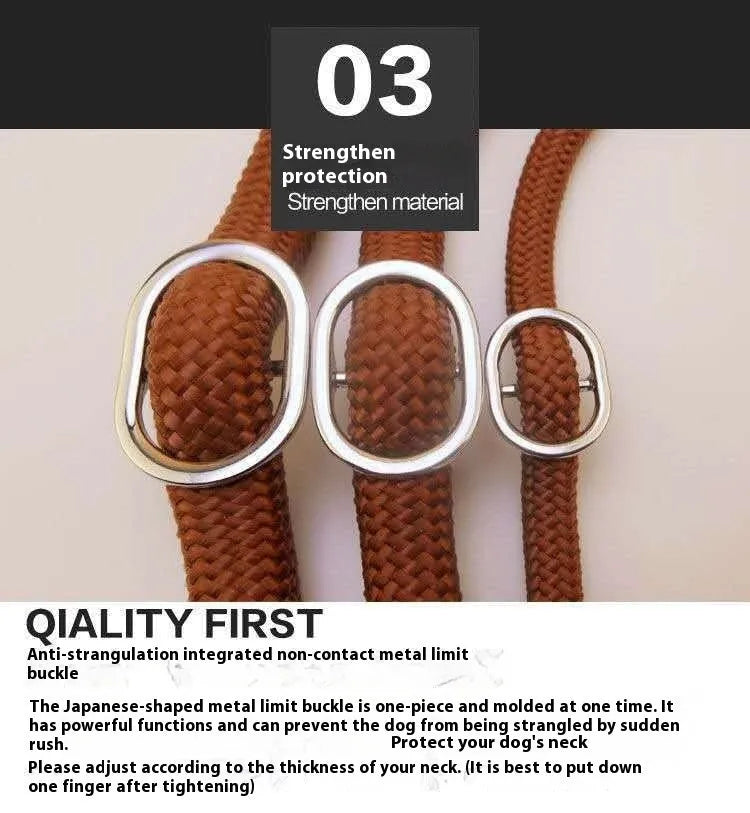 Brown nylon P chain hand holding dog leash showing 2.1 metre length and thickness options