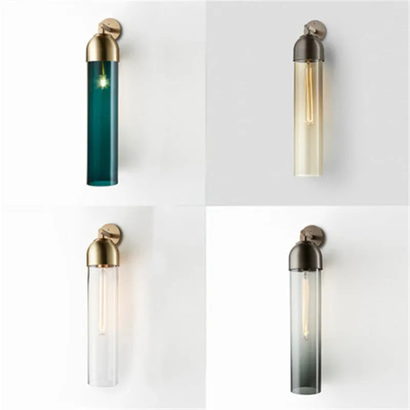 Nordic minimalist glass wall lamp in smoke grey colour mounted on a light wall.