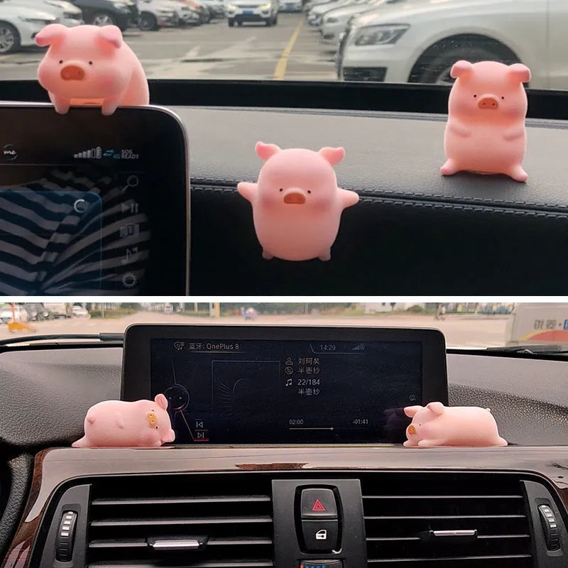Resin cartoon pig figurine car decoration accessory on a car dashboard
