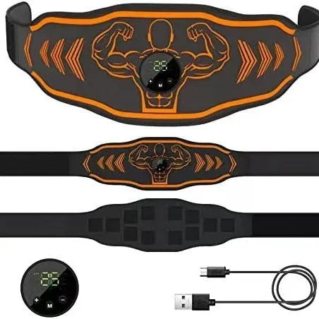 Blue rechargeable EMS smart massage belt with arm stickers and timing function