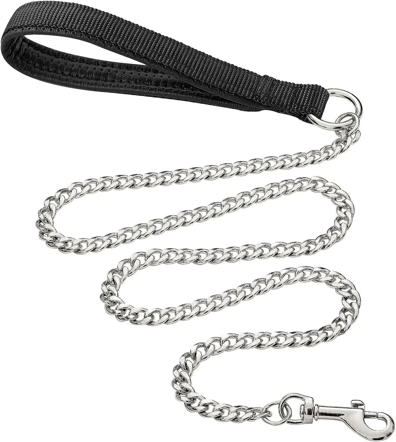 Heavy duty metal chain dog leash with a soft black padded handle, shown with a red colour option.