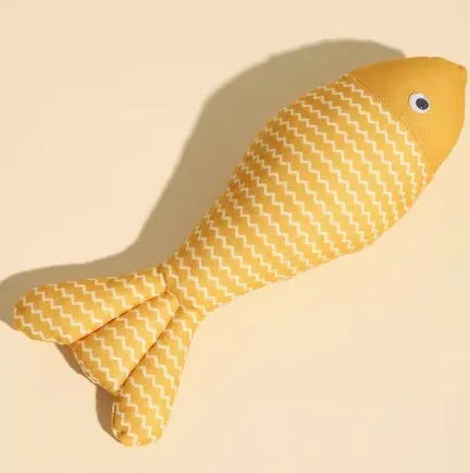 Yellow, red, and blue catnip-filled fish toys in small, medium, and large sizes for cats.
