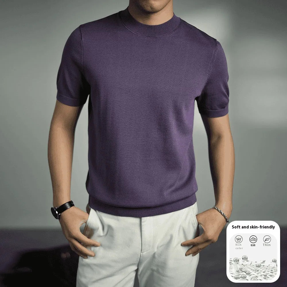 Men's solid colour knitted T-shirt with round neck and short sleeves in business gentleman style