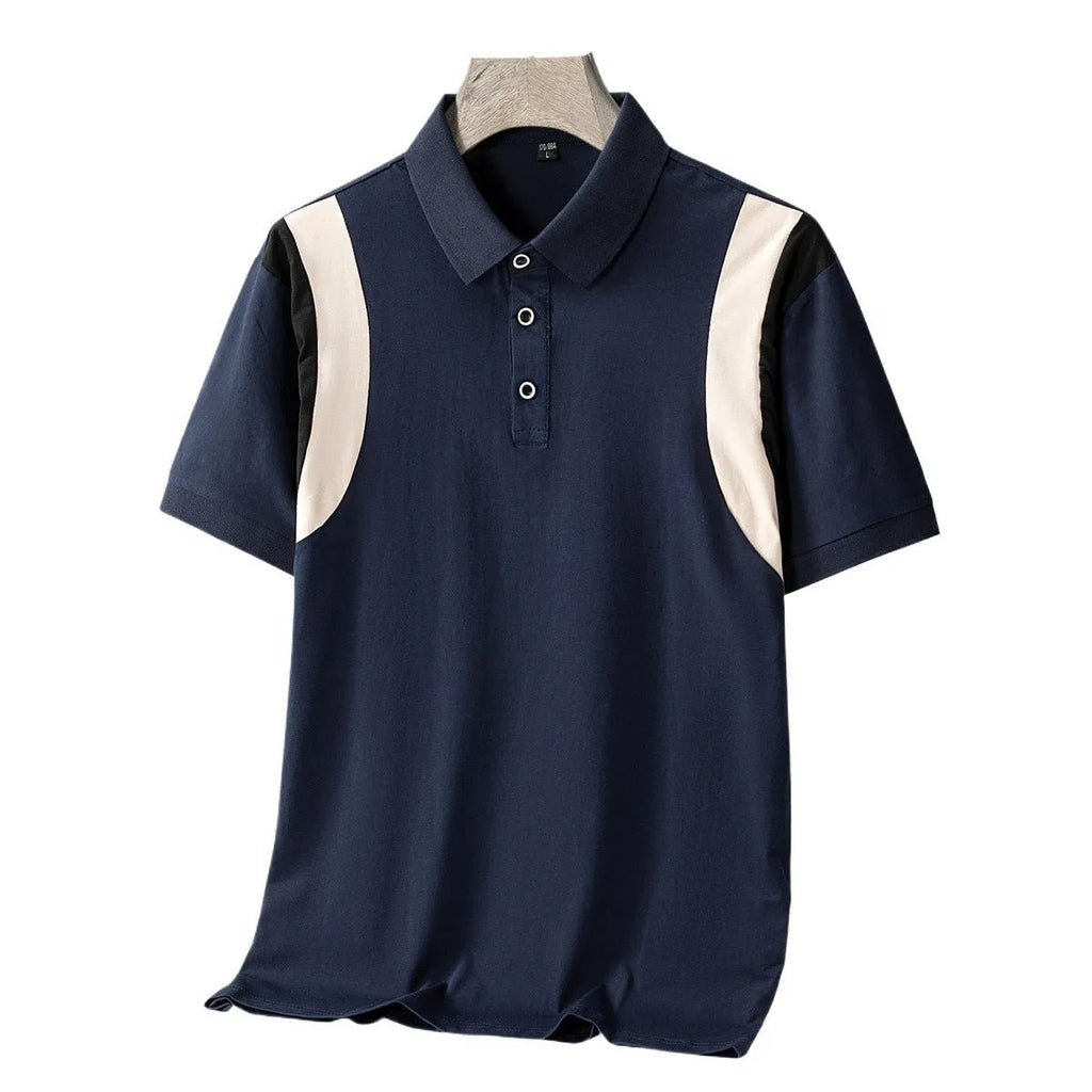 Men's thin striped cotton short sleeve t-shirt with a business lapel collar in a Korean-style loose fit.