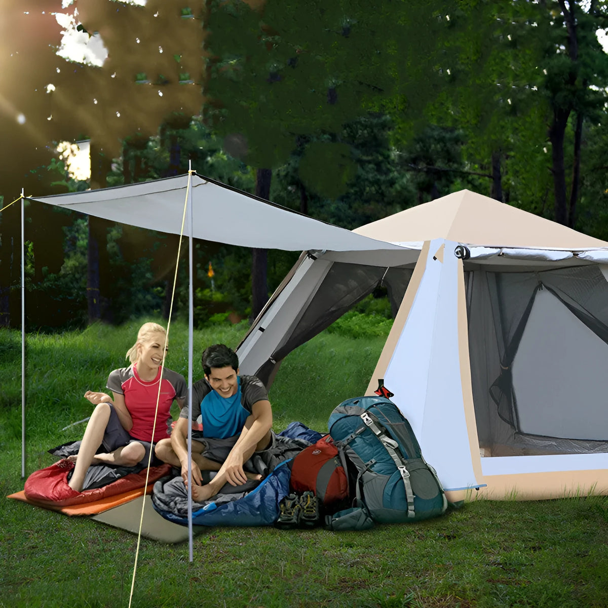 White fully automatic quick-open camping tent with double-layer aluminium poles, 220x220x168cm, 3-5 person, anti-mosquito mesh