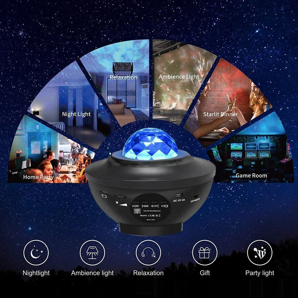 Black parallel-style starry sky projection lamp with rotating celestial patterns and water ripple laser effects