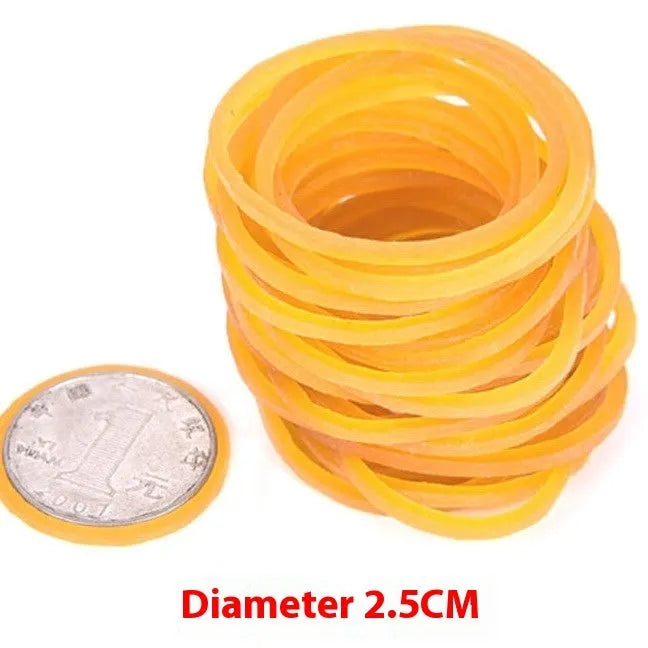 500g pack of assorted yellow rubber bands in sizes from 16mm to 70mm diameter.