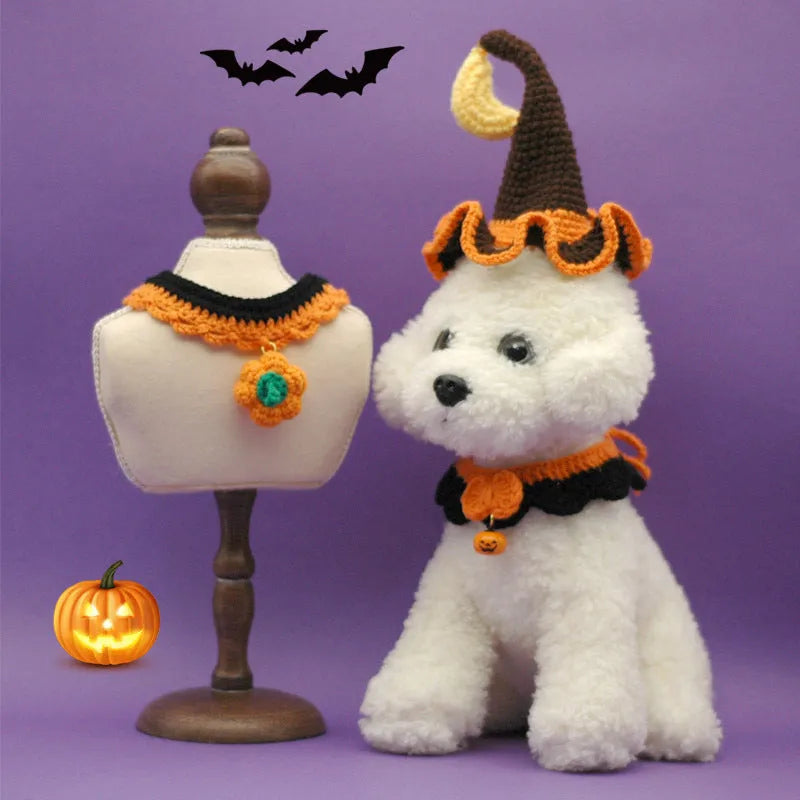 Hand-crocheted wool pet collar with pumpkin design in adjustable sizes