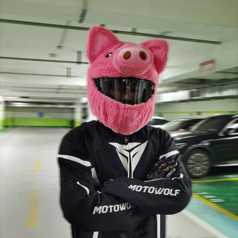 Pink pig cartoon plush hood for motorcycle helmet protection with matching storage sleeve