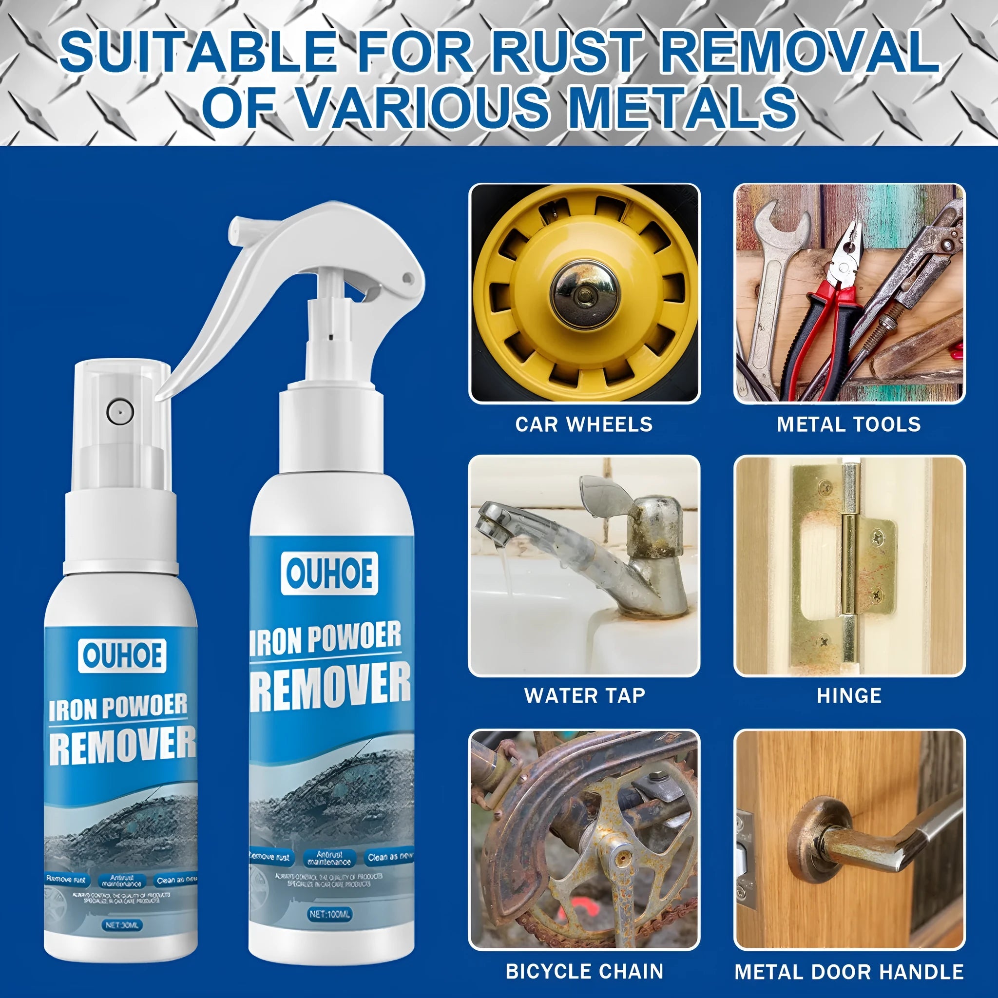 Automotive iron powder rust remover spray with blue sponge and towel accessories