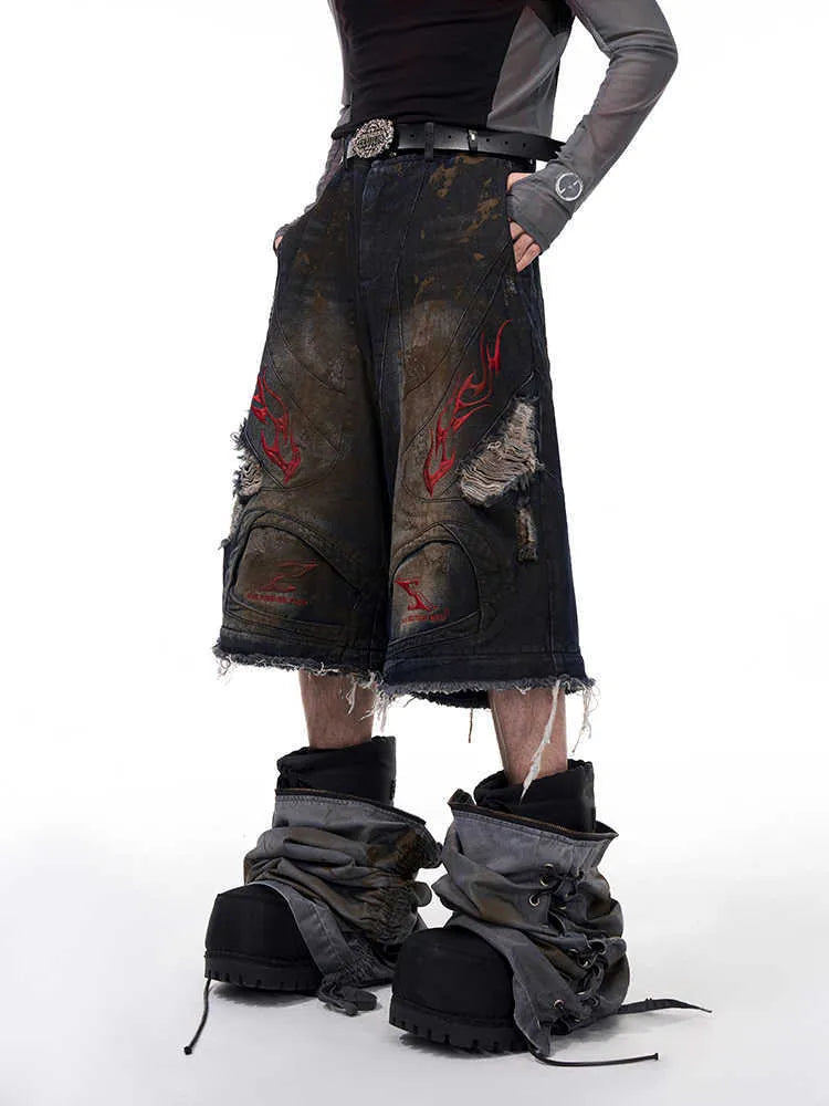 Men's retro denim jeans with detachable trouser legs in wide-leg loose fit