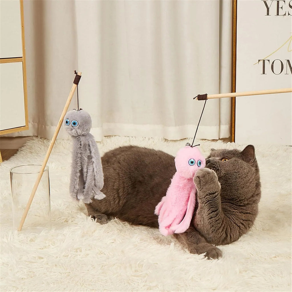Octopus cat toy with long stick in bright colours for indoor kitten play