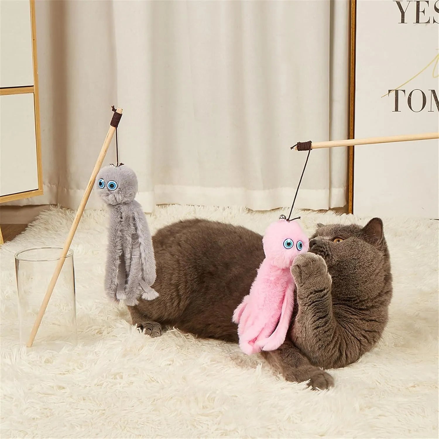 Octopus cat toy with long stick in bright colours for indoor kitten play