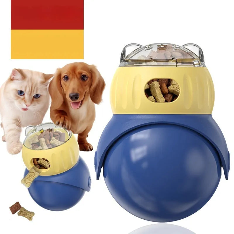 Owl-shaped plastic puzzle cat feeder in morandi yellow and blue colours for self-service food dispensing