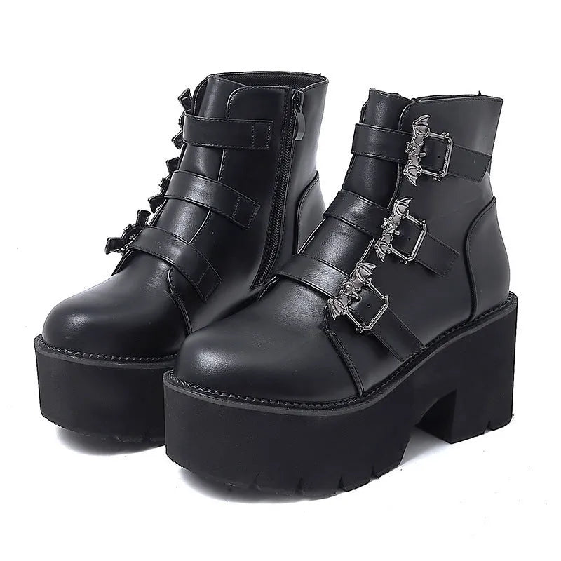 Black women's Harajuku punk style Martin boots with bat buckle detailing and side zipper