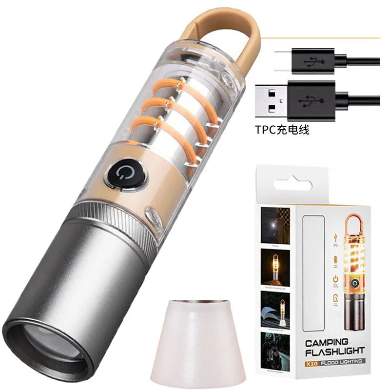 Orange 10W dual-light flashlight with optical zoom and keychain attachment