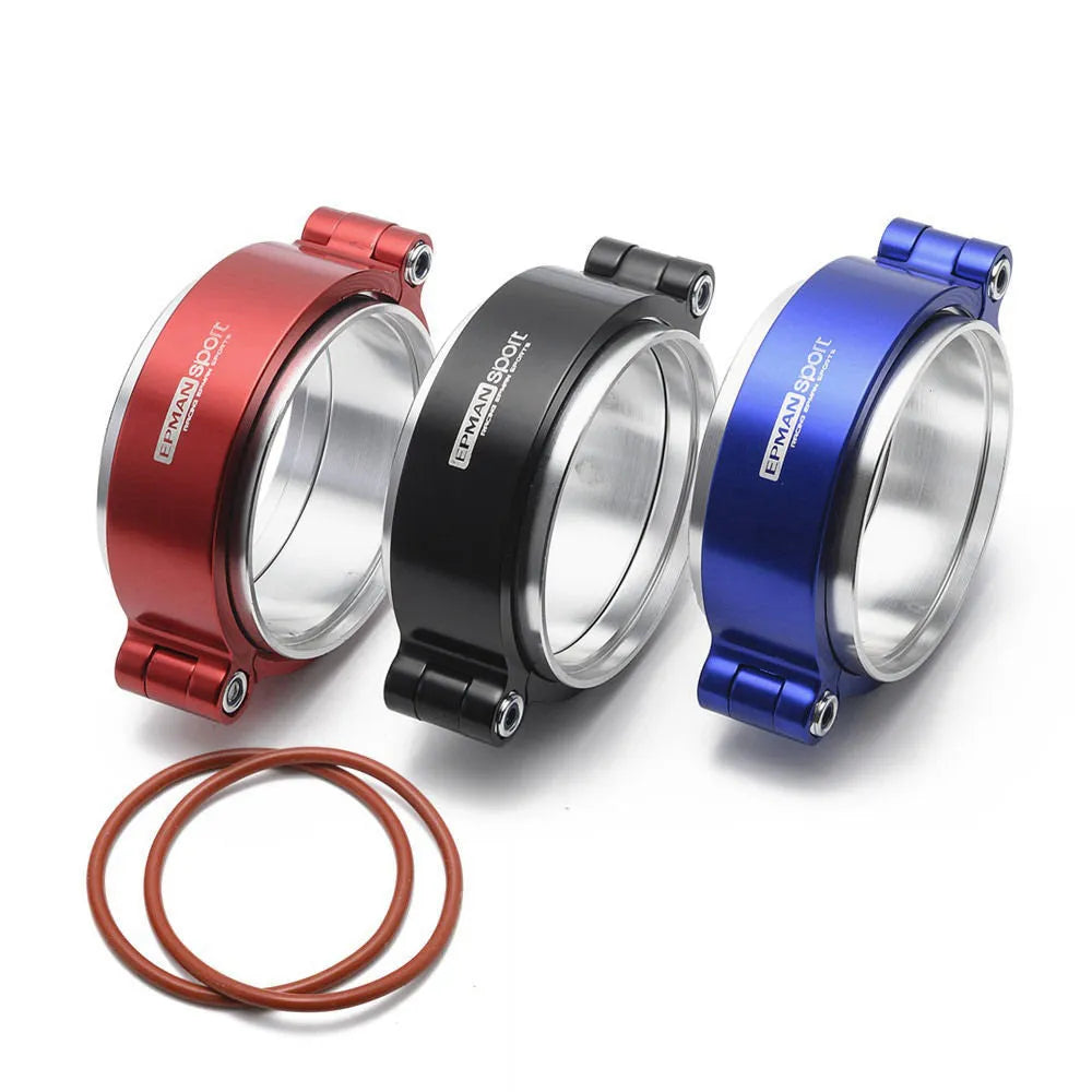 Aluminium turbocharger exhaust v-band clamp in black, blue or red for 2-inch to 4-inch downpipes
