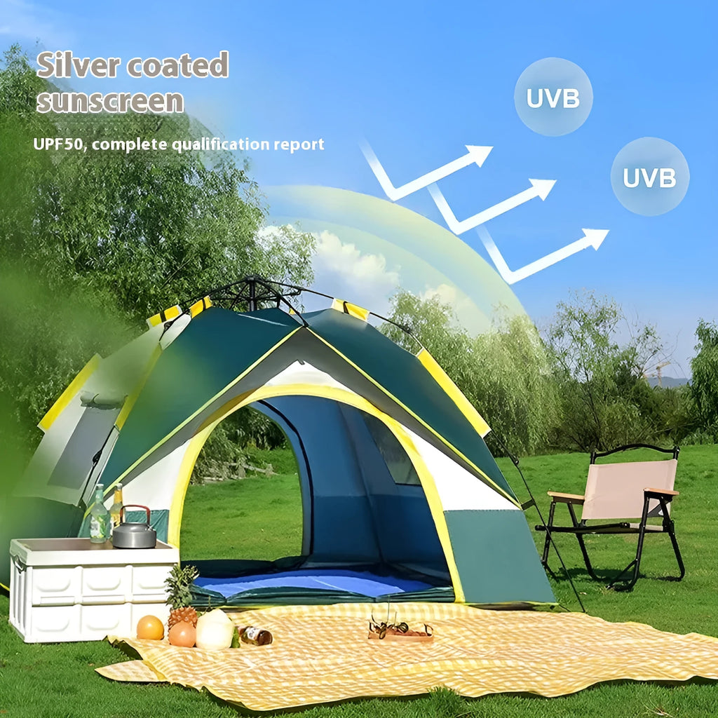 Dark green automatic quick-open camping tent for 3-4 people with glass fibre poles and storage bag