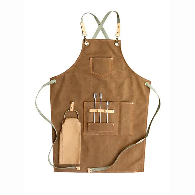 Cross-back strap canvas apron in camel colour with Han Chinese style, shown on a model.