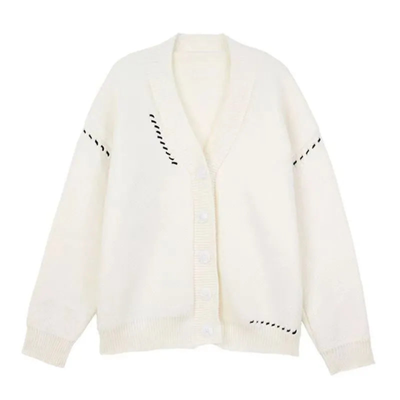 Women's polyester knitted cardigan coat in black or white with long sleeves