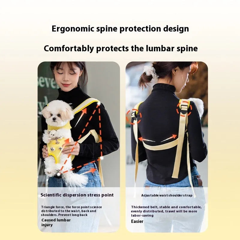 Cartoon animal pattern soft canvas pet carrier chest bag with colourful stitching and removable crossbody strap