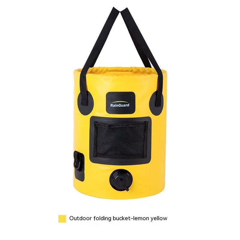 Lemon yellow 25-litre plastic folding fishing bucket showing its collapsible design and optional mesh pocket.