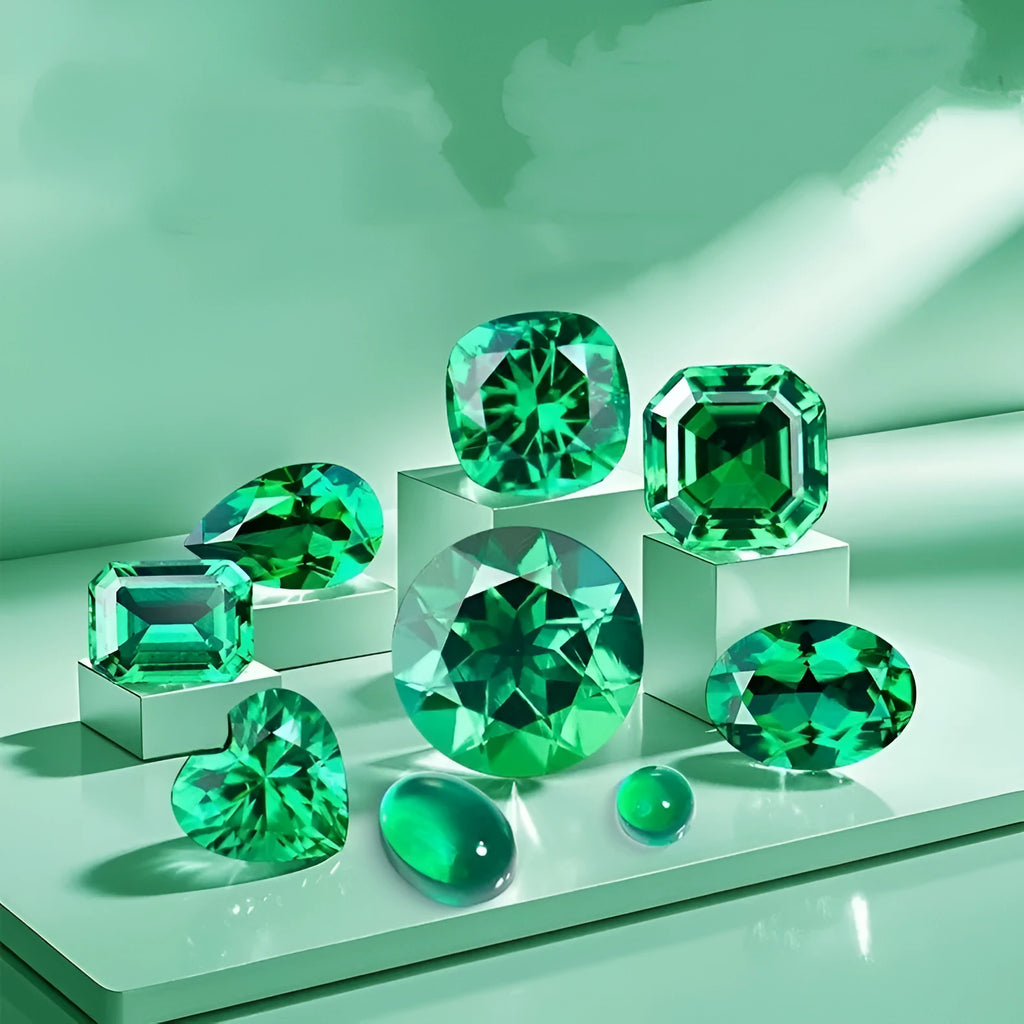 Cultivated emerald loose gemstones in round and fancy cut shapes on a dark background.