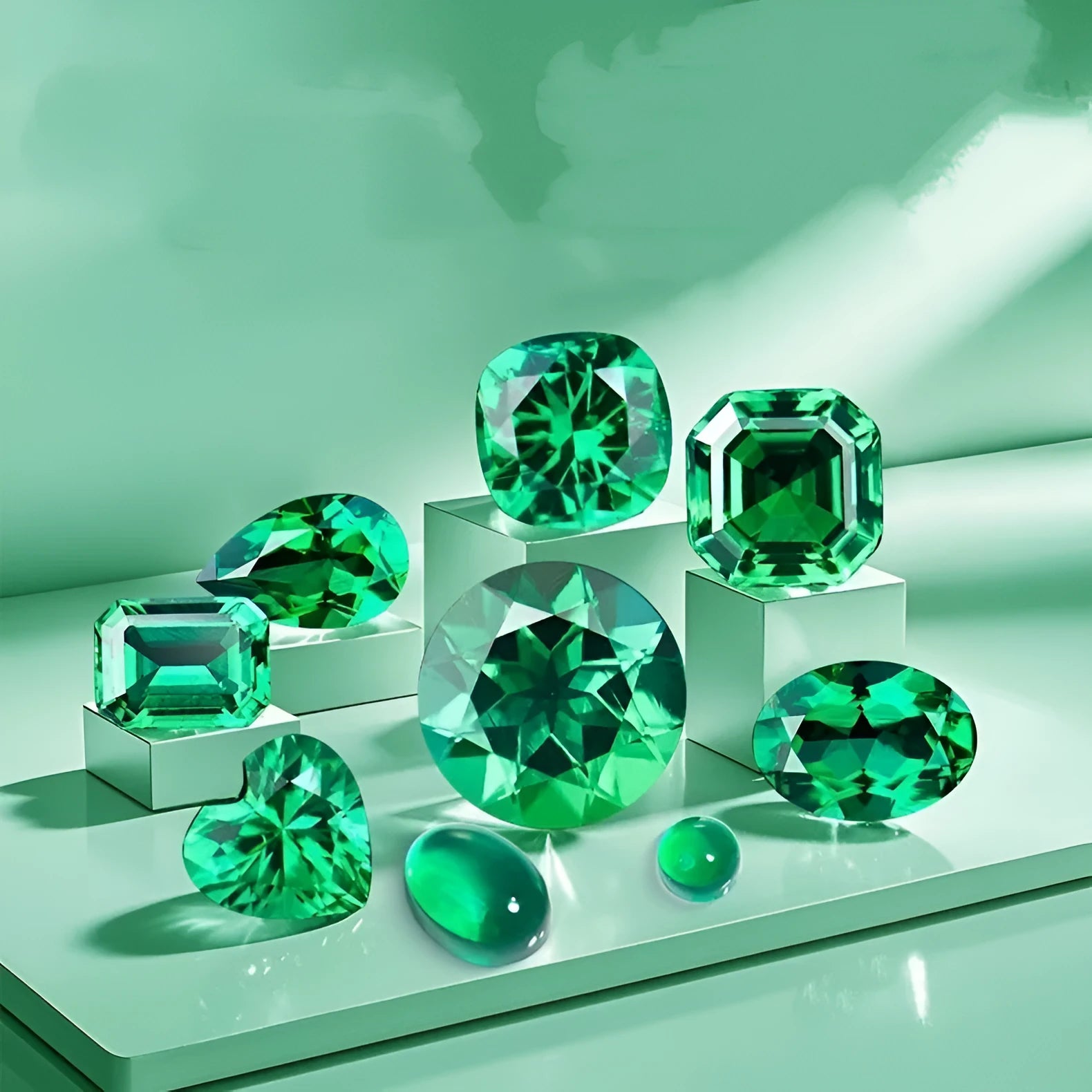 Cultivated emerald loose gemstones in round and fancy cut shapes on a dark background.
