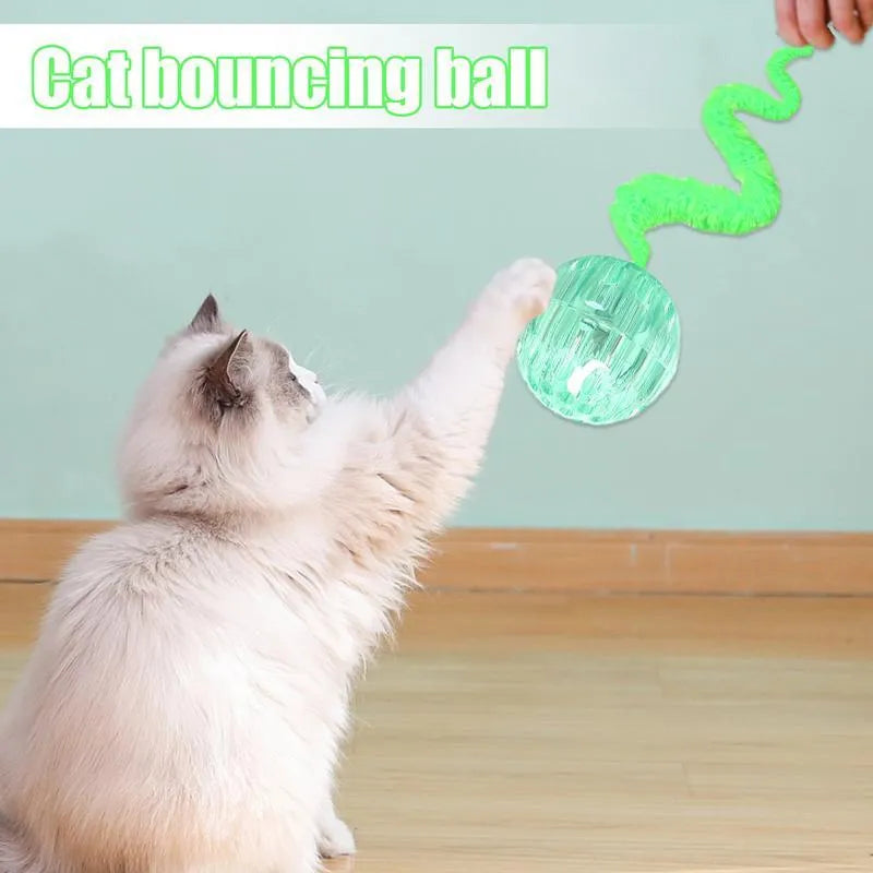 Interactive bouncy ball cat toy with elastic tail in TPR and plush materials