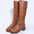 Yellow women's high knight boots with a square heel, round toe, and side buckle detail.