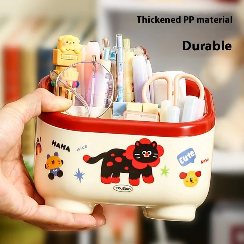 Plastic desktop storage box with cartoon stickers showing 2L capacity for stationery organisation