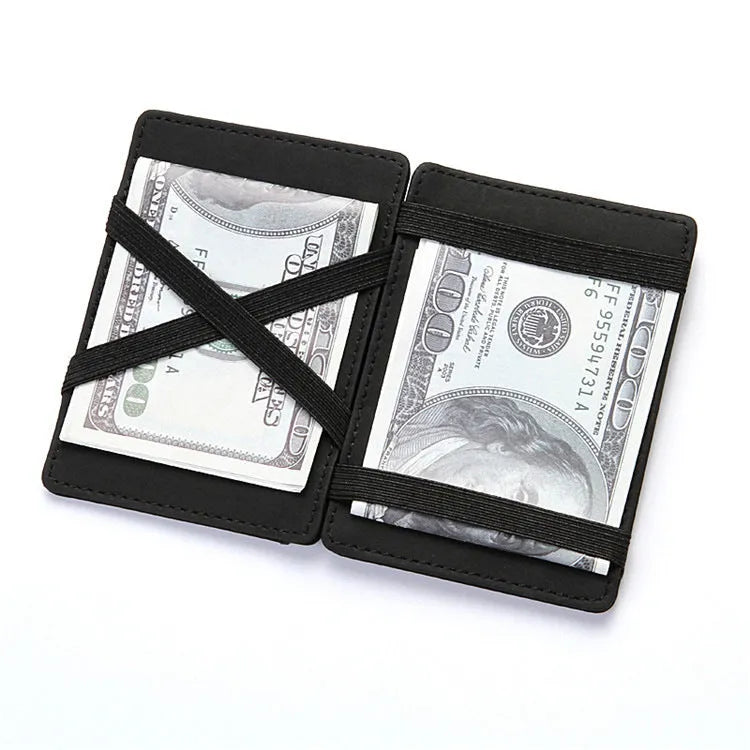 PU leather magic wallet in solid colour showing flip card holder and zipper coin purse.