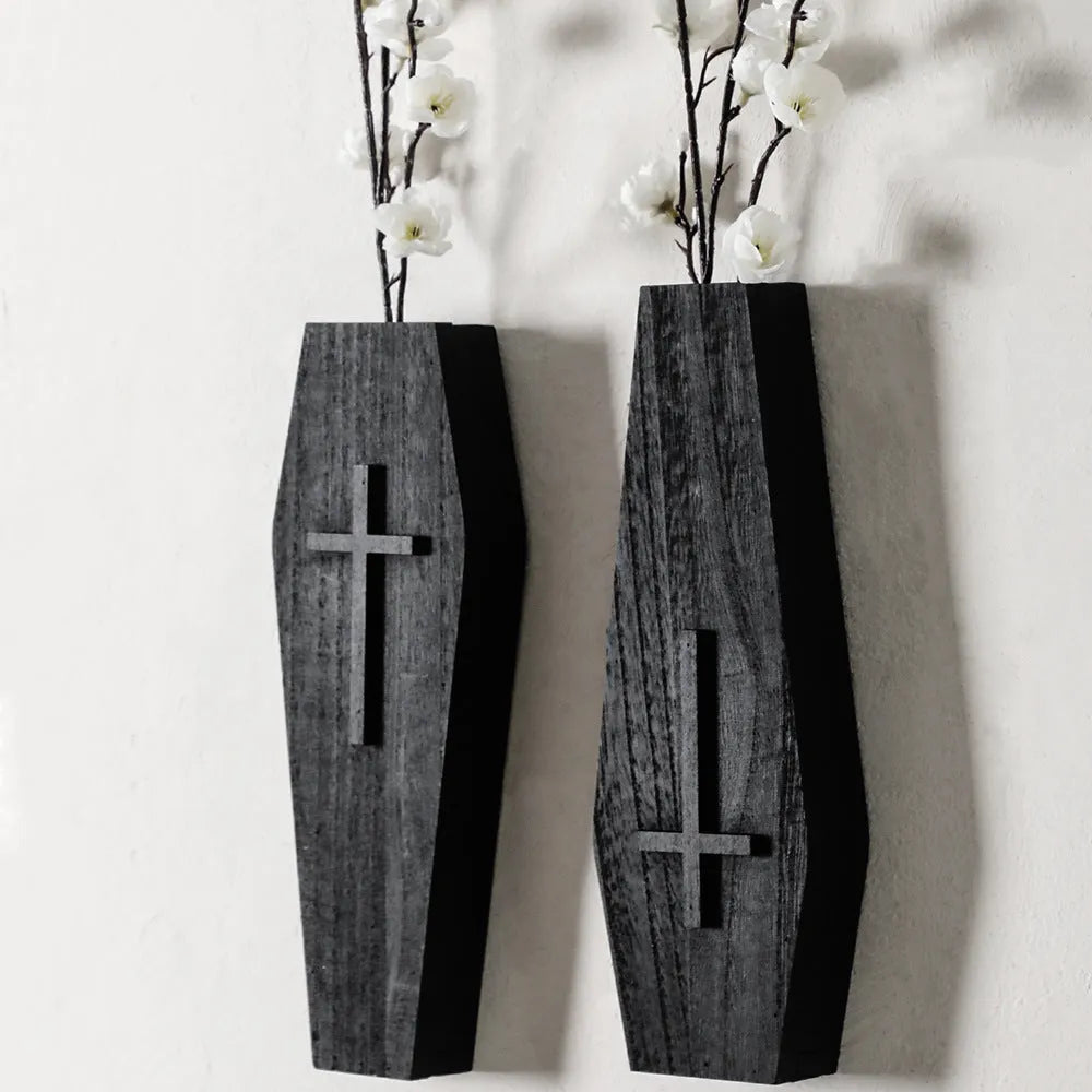 Wooden cross-shaped wall shelf with small vase holders in black, brown, or white wash finish.