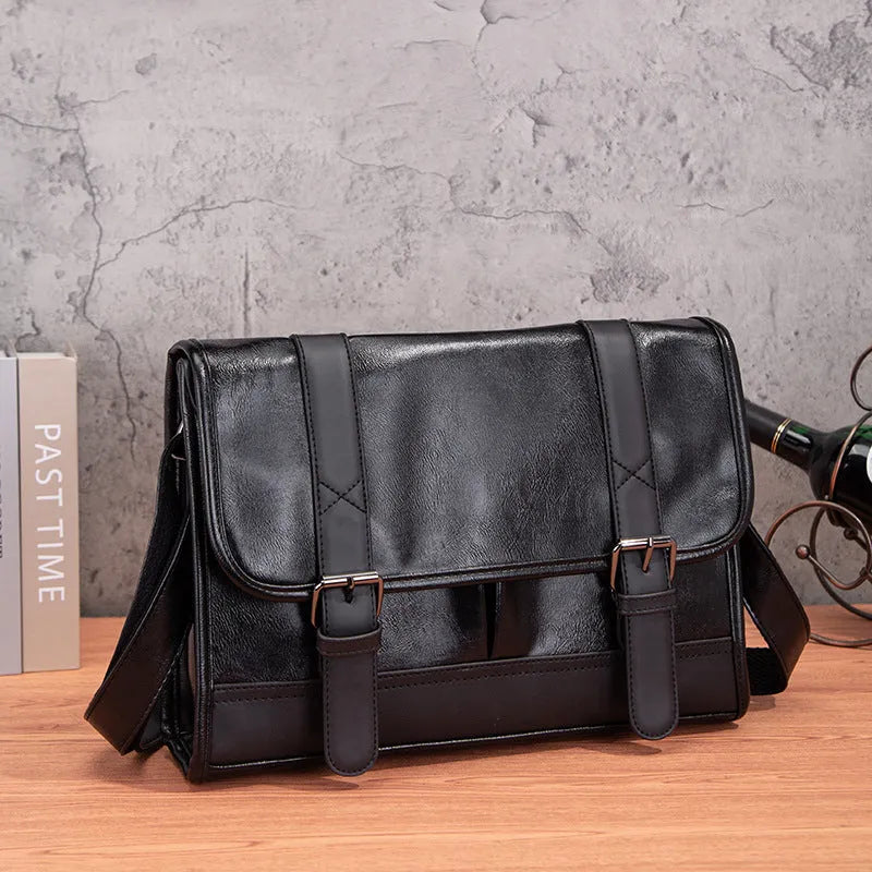 Black Korean style men's anti-theft backpack with PU construction and decorative sewing thread details