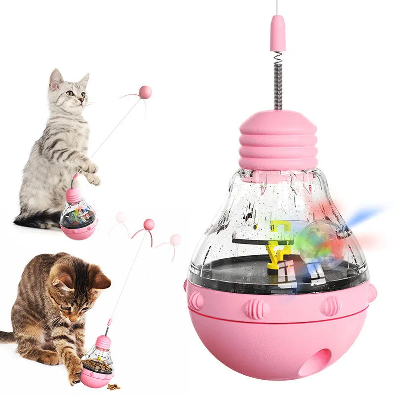 Electric yellow cat interactive wand toy with rocking base, teasing stick, and built-in food dispenser