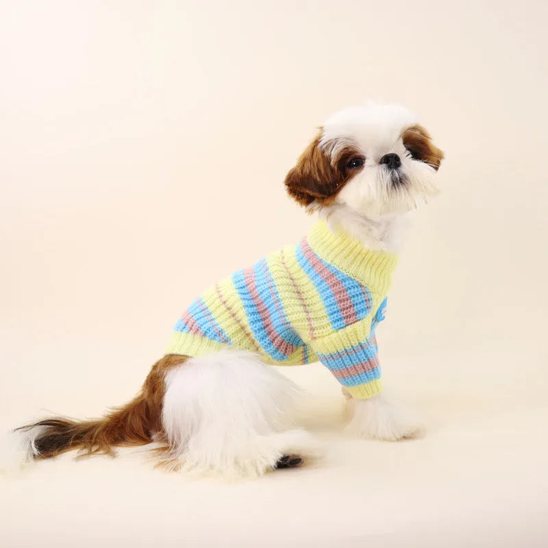 Blue and yellow stripe wool sweater for a small dog, sizes XS to XXL.