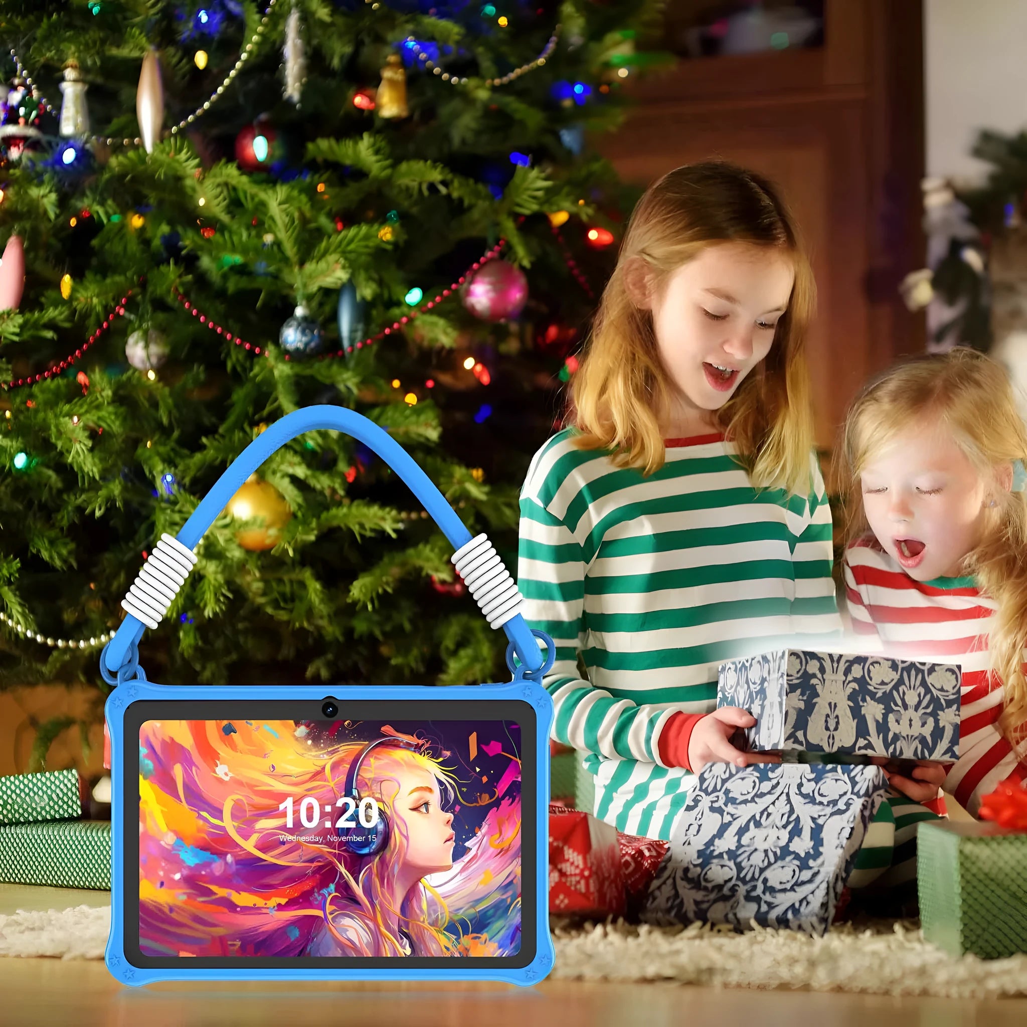 Sapphire blue silicone protective case for 7-inch children's tablet with flat strap