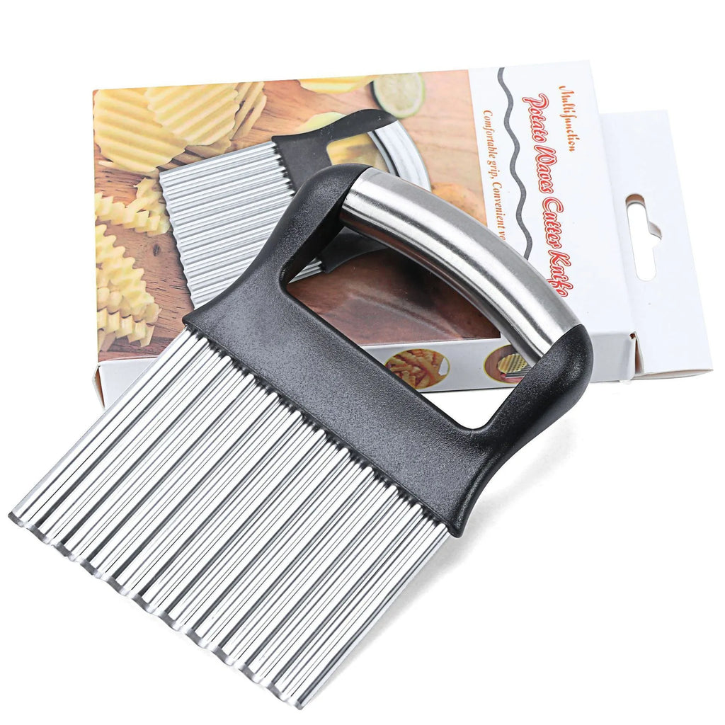 Stainless steel potato wave knife with wavy cutting blade on a chopping board.