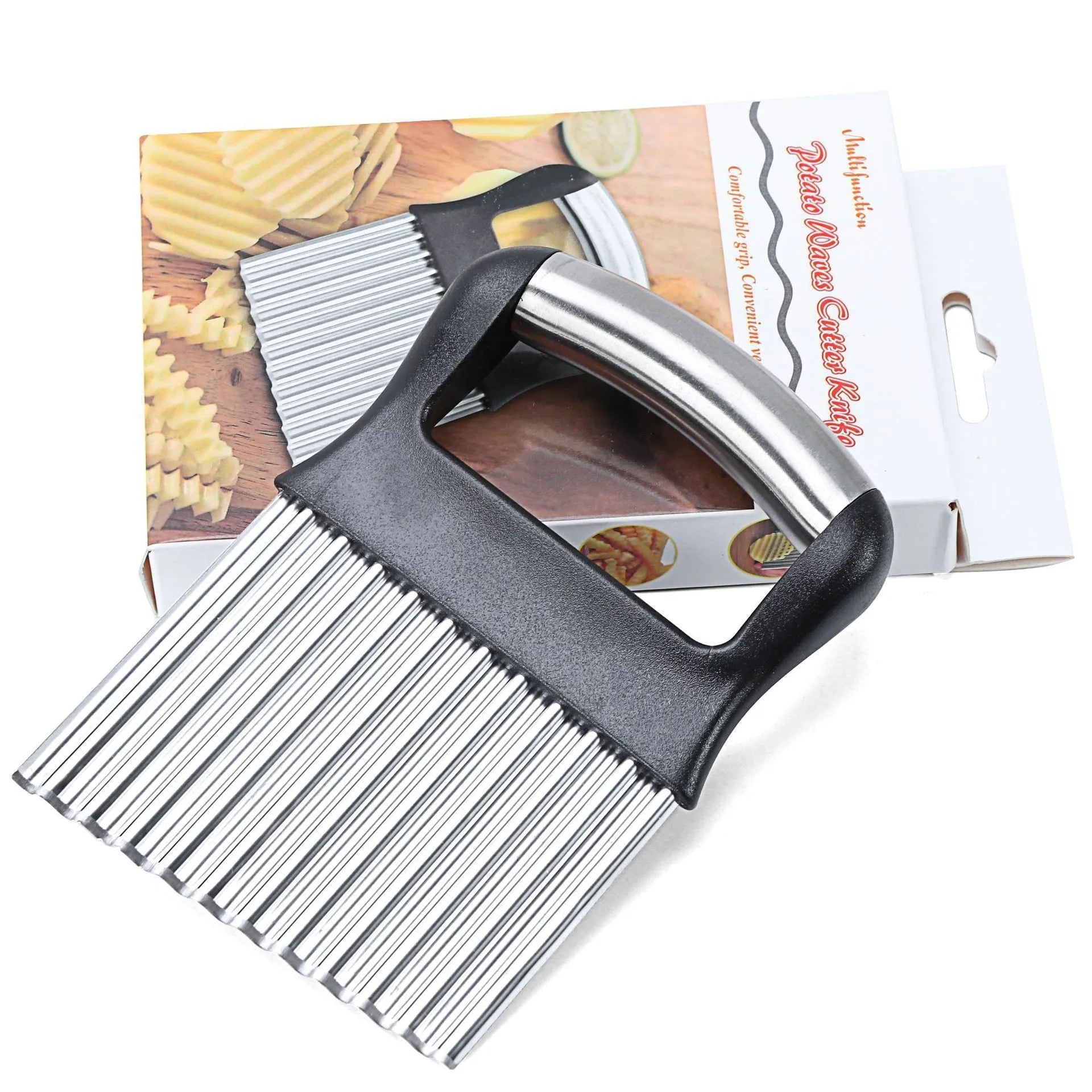 Stainless steel potato wave knife with wavy cutting blade on a chopping board.