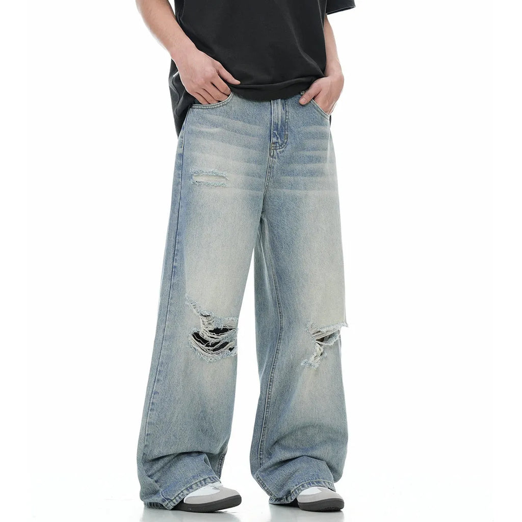 Men's blue retro ripped straight-leg jeans with zipper fly and cotton blend fabric